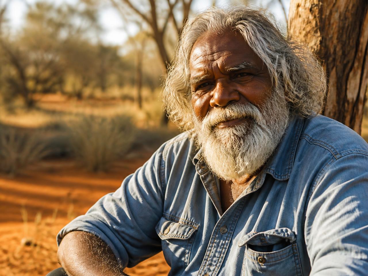 An Aboriginal Elder sitting outdoors on red ochre Country in warm afternoon light