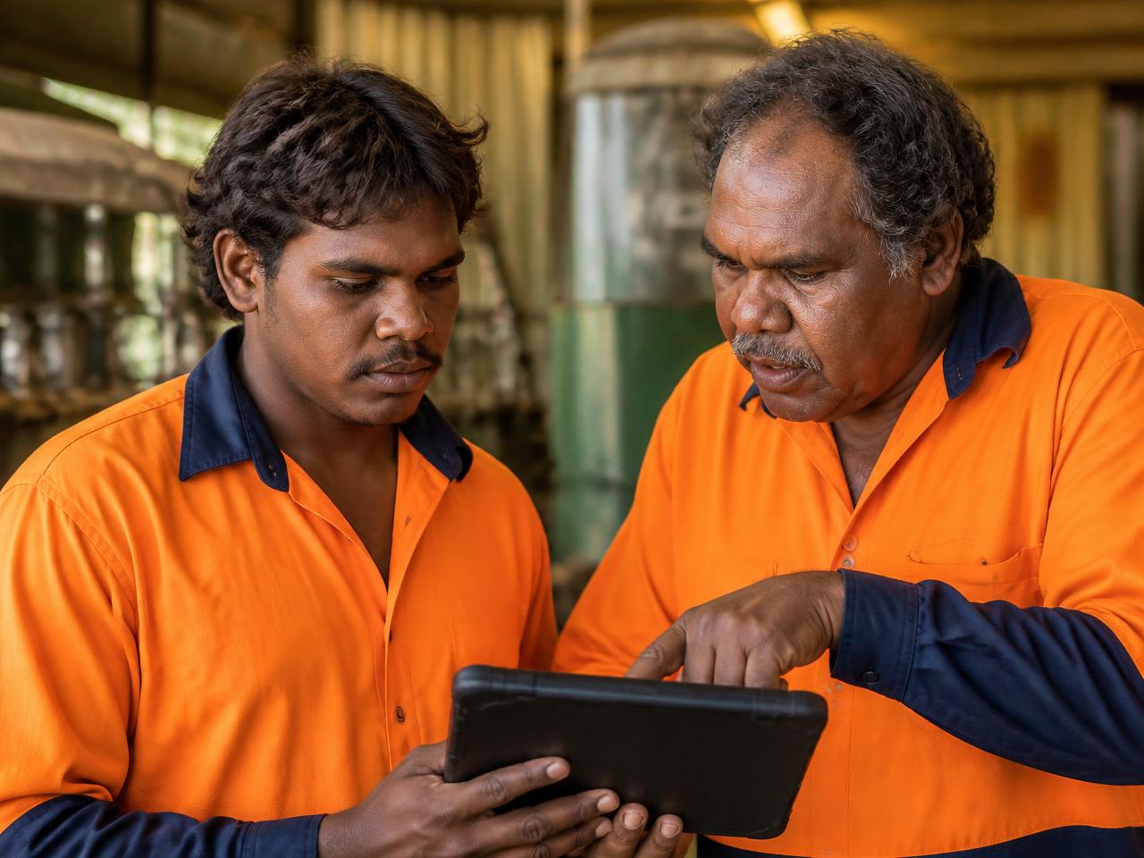 A young Aboriginal worker being trained on the job by an experienced Aboriginal mentor